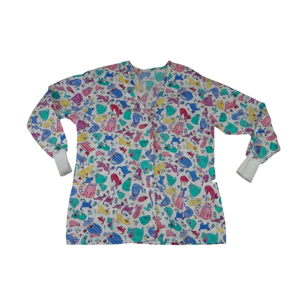 Barco Womens Vintage Cat Print Scrub Jacket White Multicolor Snap Front XL